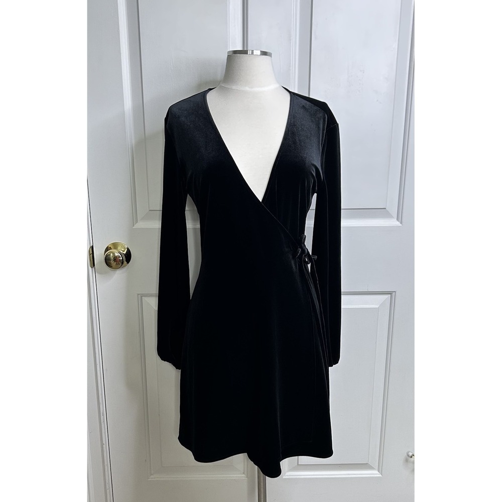 Zara Velvet Wrap Mini Dress Womens Medium Black Long Sleeve V Neck Cocktail Tie